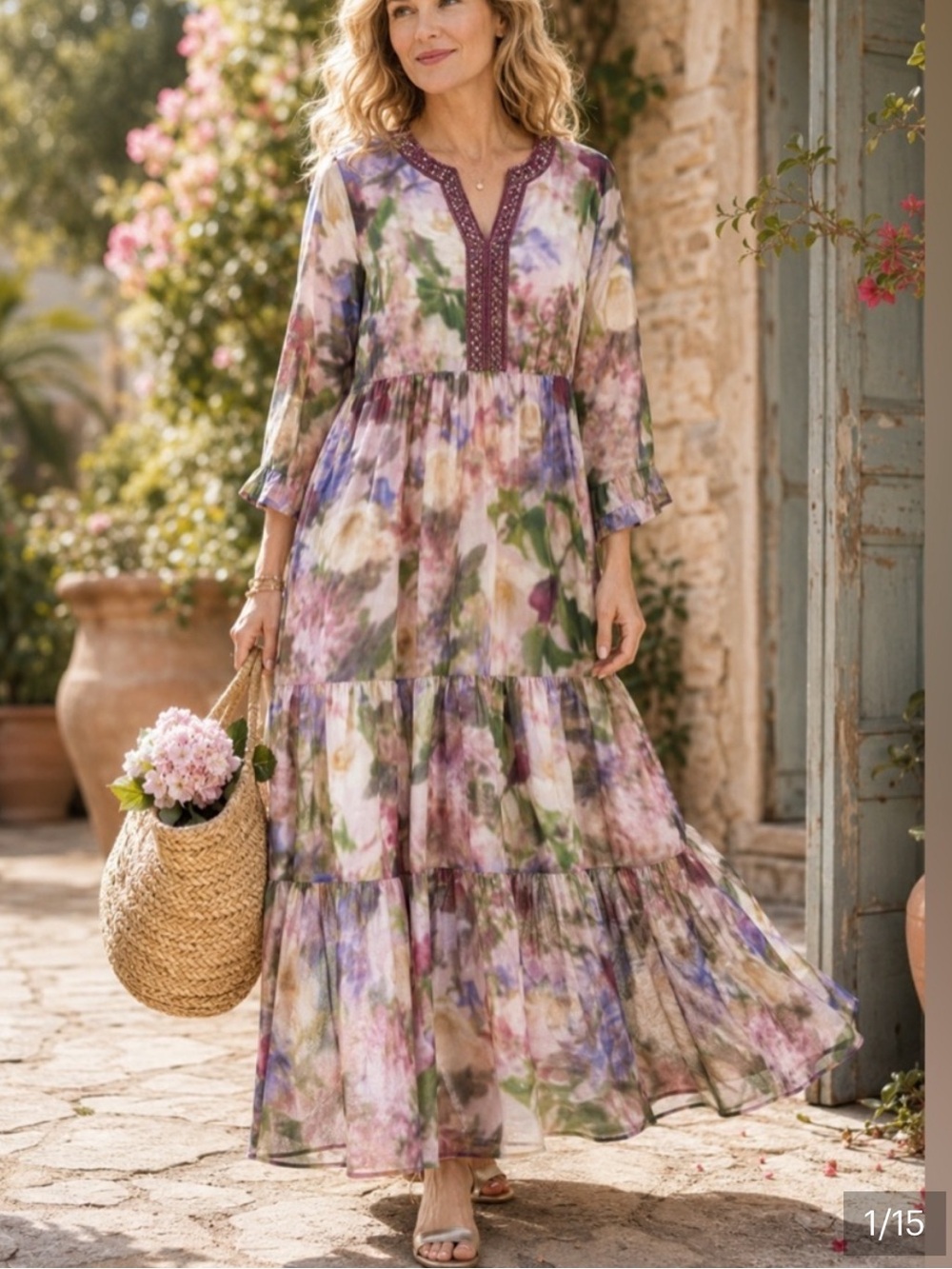 Soft Surroundings Purple and Green Watercolor Floral Tiered Maxi Dress